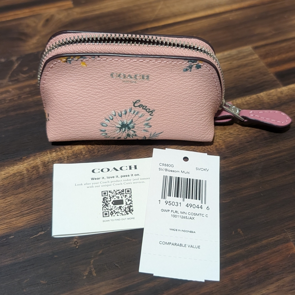 NWT Coach Pink Dandelion Floral Cosmetic/Coin/Lipstick Case